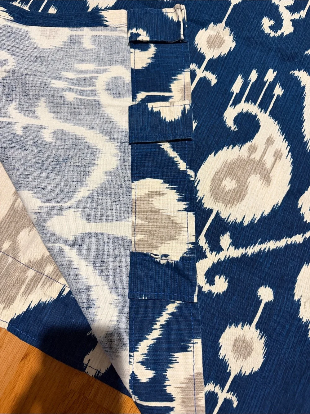 Custom Made Ikat-Style Navy and Cream Pair of Curtain Panels
